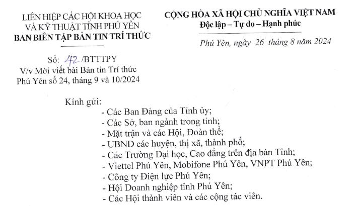 MỜI VIẾT BÀI BẢN TIN TRÍ THỨC PHÚ YÊN SỐ 24 THÁNG 9 VÀ 10/2024